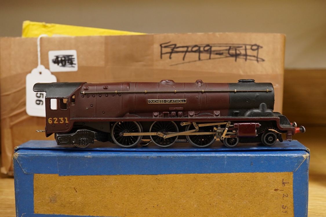 A collection of Hornby Dublo railway for 3-rail running, including two locomotives; an LMS Duchess of Athol 4-6-2, locomotive box, tender unboxed, and a boxed BR Standard Class 4 2-6-4T, 80054, together with five boxed b